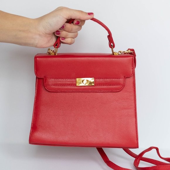 Vanessa Handbags - Small Structured Crossbody Purse, Satchel, Red w Gold Hardware & Removable Strap